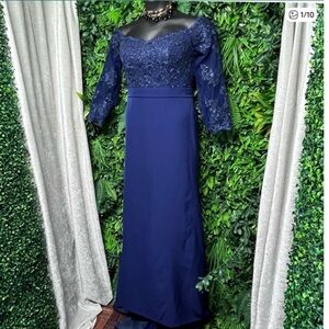 Elegant Dress XL Navy Blue Off Shoulder Lace Evening Gown Formal Occasion